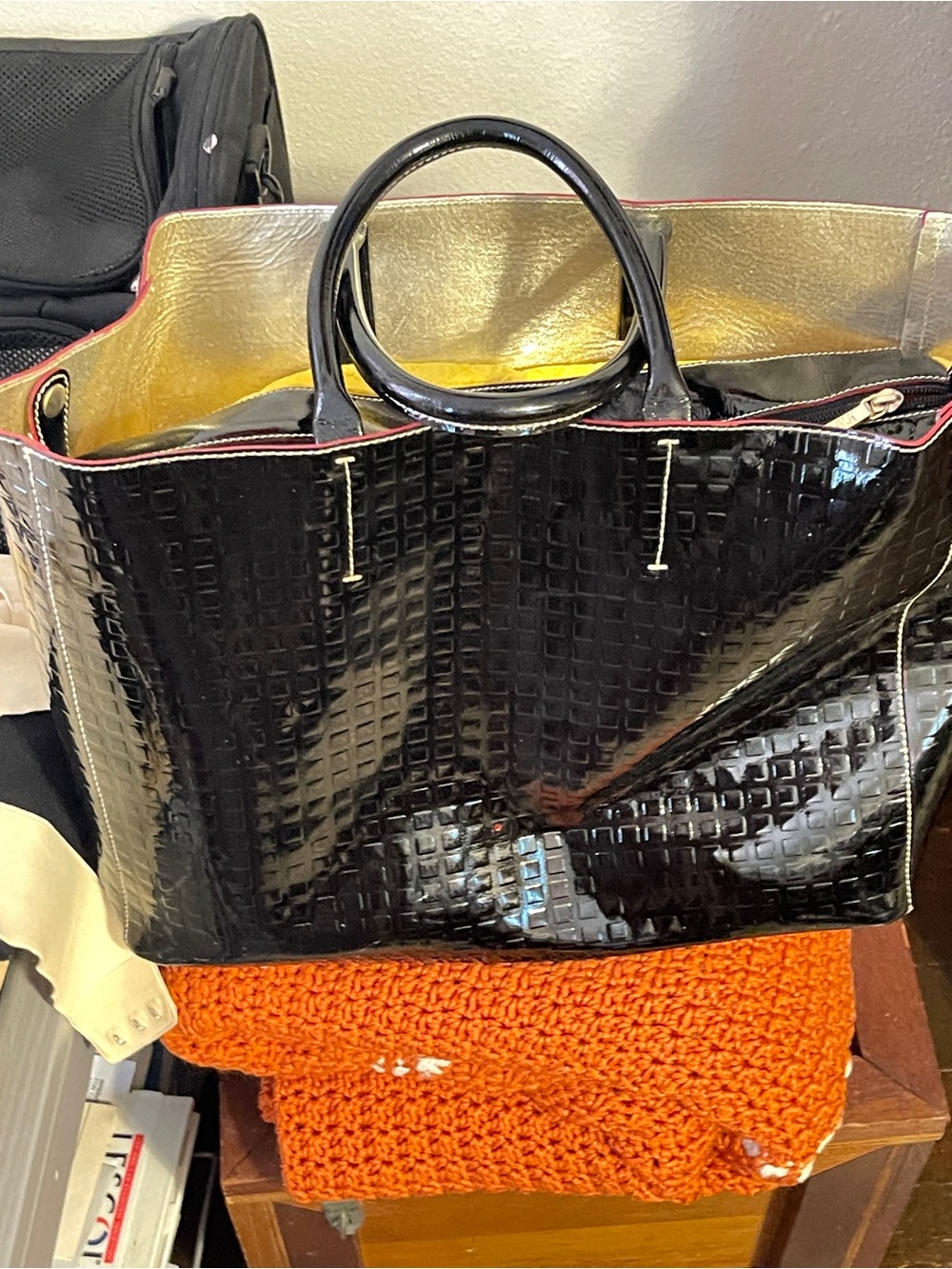 Black Patent Tote Bag with Gold Interior